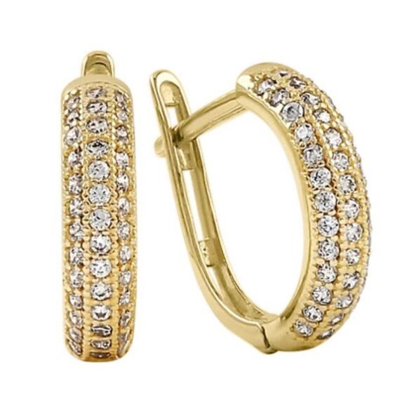 New Solid 14K Yellow Gold Triple CZ Row Hoop Earrings - Picture 1 of 6